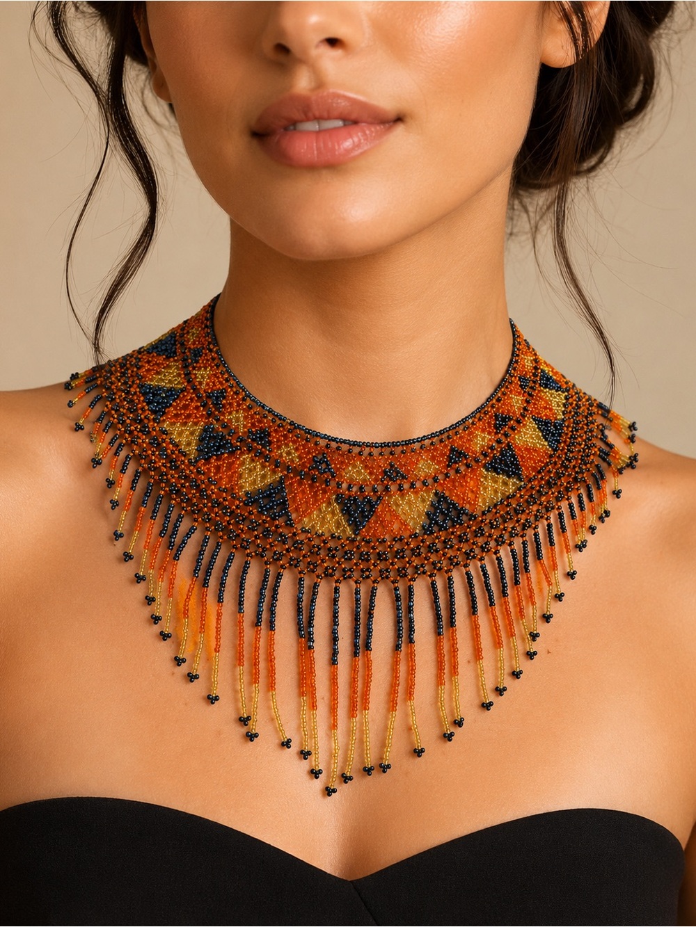 Handcrafted Orange & Black Beaded Fringe Statement Necklace